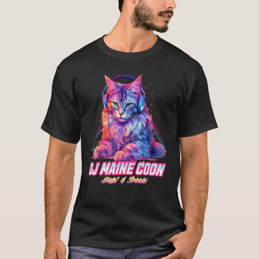 Retro DJ Maine Coon Cat Headphones Music Chill Wav Tシャツ (正面)