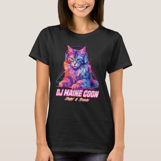Retro DJ Maine Coon Cat Headphones Music Chill Wav Tシャツ (正面)