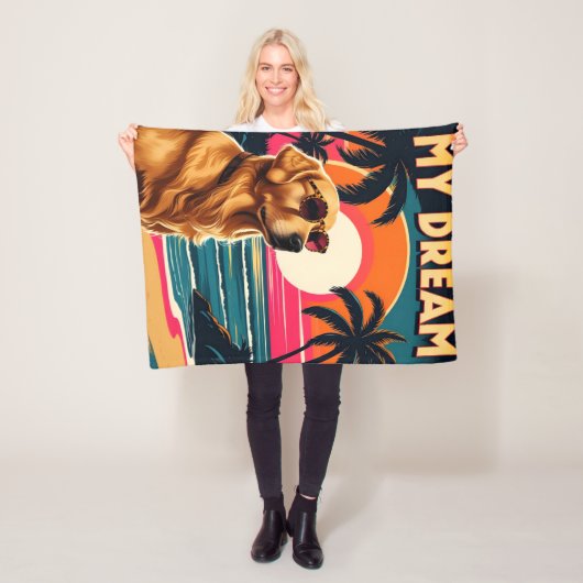 Retro Dog Sunglasses Vintage Sunset Beach  フリースブランケット (インサイチュ)