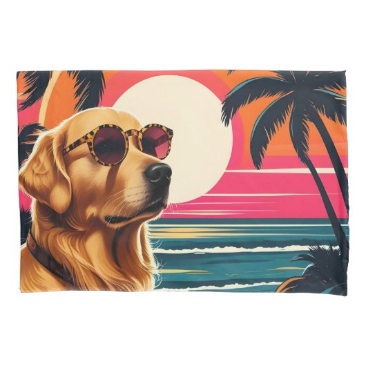 Retro Dog Sunglasses Vintage Sunset Beach  枕カバー (正面)