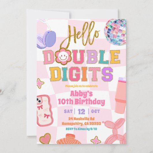 Retro Double Digits Patch Party Birthday 招待状 (正面)