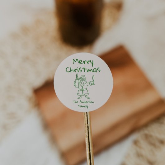 Retro Drawn Green Santa Claus Merry Christmas ラウンドシール