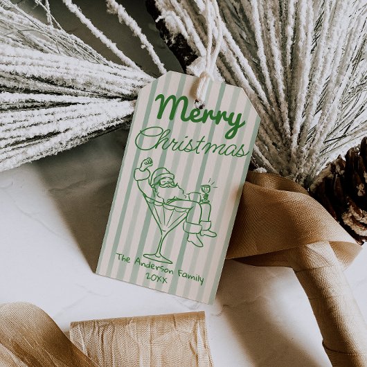 Retro Drawn Green Stripes Santa Claus Christmas ギフトタグ