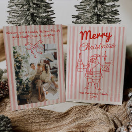 Retro Drawn Red Festive Santa Champagne Christmas シーズンカード