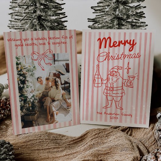 Retro Drawn Red Festive Santa Champagne Christmas シーズンカード