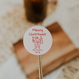 Retro Drawn Red Santa Claus Merry Christmas ラウンドシール