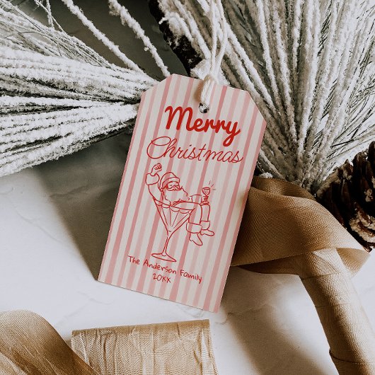 Retro Drawn Red Stripes Santa Claus Christmas ギフトタグ