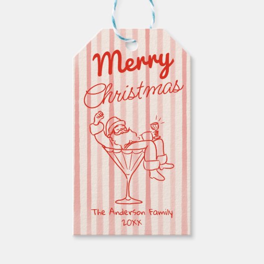 Retro Drawn Red Stripes Santa Claus Christmas ギフトタグ (正面)