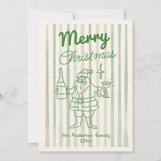 Retro Drawn Santa Champagne Christmas Non Photo シーズンカード (正面)
