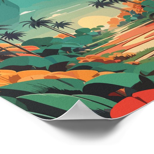 Retro Dschungel Illustration Grün Rot ポスター (角)