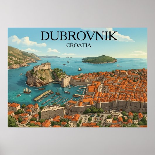 Retro Dubrovnik Adriatic Coast Illustration Travel ポスター (正面)