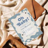 Retro Dusty Blue Checkered Oh Baby Baby Shower 招待状