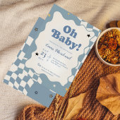 Retro Dusty Blue Checkered Oh Baby Baby Shower 招待状