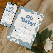 Retro Dusty Blue Checkered Oh Baby Baby Shower 招待状