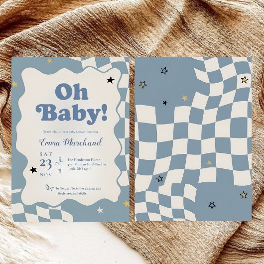 Retro Dusty Blue Checkered Oh Baby Baby Shower 招待状