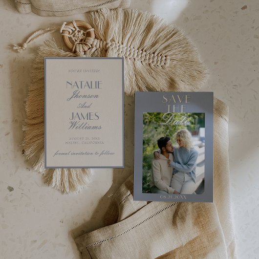Retro Dusty Blue Old Money Classic Photo Wedding セーブザデート