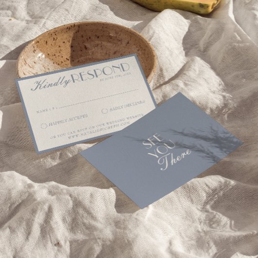 Retro Dusty Blue Old Money Fancy Classic Wedding 出欠カード