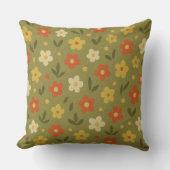 Retro Earth Tone Olive Orange Gold Floral  クッション (正面)
