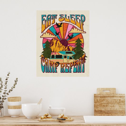 Retro Eat Sleep Camp Repeat ポスター (キッチン)
