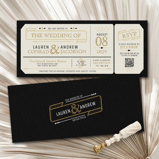 Retro Elegant Black & Gold Vintage Ticket Wedding 招待状