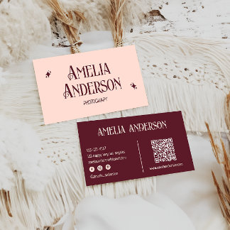 Retro Elegant Blush & Burgundy Qr Code 名刺