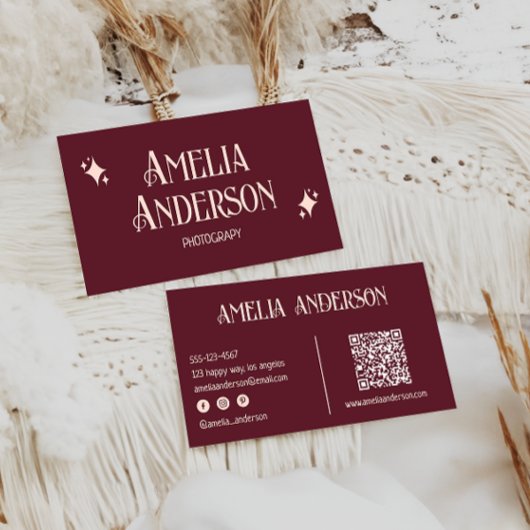Retro Elegant Blush & Burgundy Qr Code 名刺