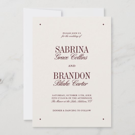 Retro Elegant Ivory & Burgundy Formal Wedding 招待状 (正面)