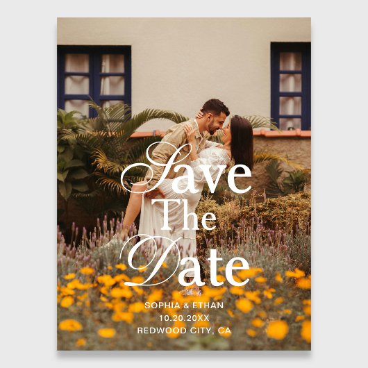 Retro Elegant Script Photo Wedding Save The Date マグネット招待状