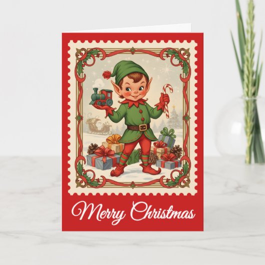 Retro Elf Christmas Postage Stamp シーズンカード (正面)