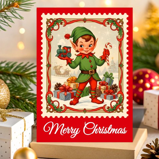 Retro Elf Christmas Postage Stamp シーズンカード