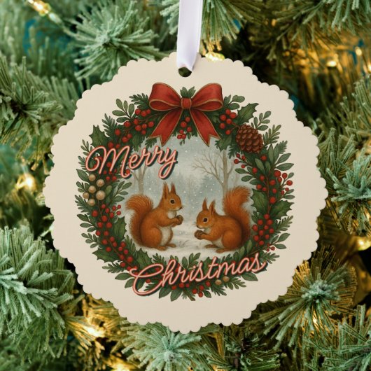Retro English Holiday Wreath With Cute Squirrels オーナメントカード (インサイチュ (木))