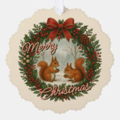 Retro English Holiday Wreath With Cute Squirrels オーナメントカード (正面)