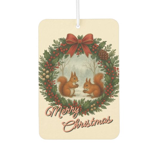 Retro English Holiday Wreath With Cute Squirrels カーエアーフレッシュナー (正面)