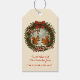 Retro English Holiday Wreath With Cute Squirrels ギフトタグ