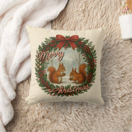 Retro English Holiday Wreath With Cute Squirrels クッション