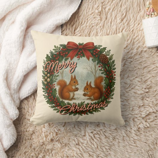 Retro English Holiday Wreath With Cute Squirrels クッション (ブランケット)