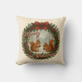 Retro English Holiday Wreath With Cute Squirrels クッション (正面)