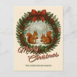 Retro English Holiday Wreath With Cute Squirrels シーズンポストカード