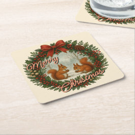 Retro English Holiday Wreath With Cute Squirrels スクエアペーパーコースター