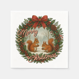 Retro English Holiday Wreath With Cute Squirrels スタンダードカクテルナプキン