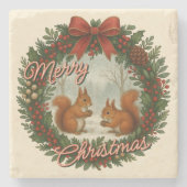 Retro English Holiday Wreath With Cute Squirrels ストーンコースター (正面)