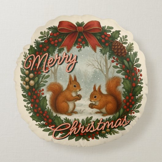 Retro English Holiday Wreath With Cute Squirrels ラウンドクッション (正面)