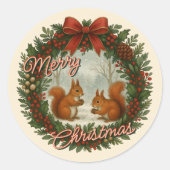 Retro English Holiday Wreath With Cute Squirrels ラウンドシール (正面)