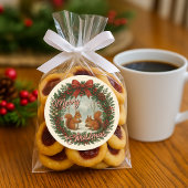 Retro English Holiday Wreath With Cute Squirrels ラウンドシール