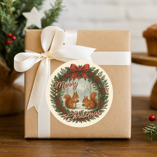 Retro English Holiday Wreath With Cute Squirrels ラウンドシール