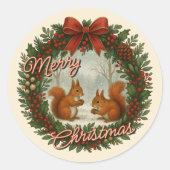Retro English Holiday Wreath With Cute Squirrels ラウンドシール (正面)