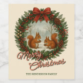 Retro English Holiday Wreath With Cute Squirrels ワインラベル (シングルラベル)