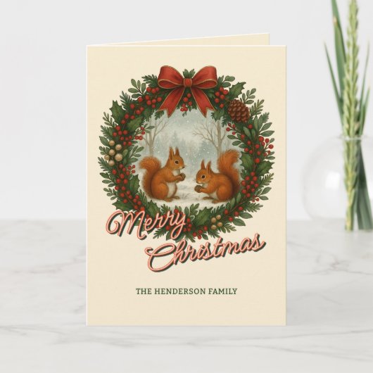 Retro English Wreath With Cute Squirrels シーズンカード (正面)