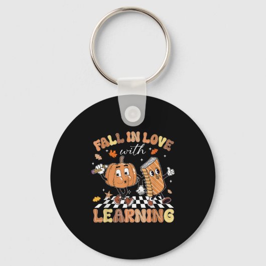 Retro Fall In Love With Learning Autumn Pumpkin Te キーホルダー (正面)