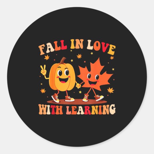 Retro Fall In Love With Learning Autumn Pumpkin Te ラウンドシール (正面)
